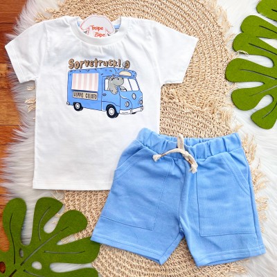 Conj. Camiseta Sorvetruck e Bermuda - Branco e Azul Bebê